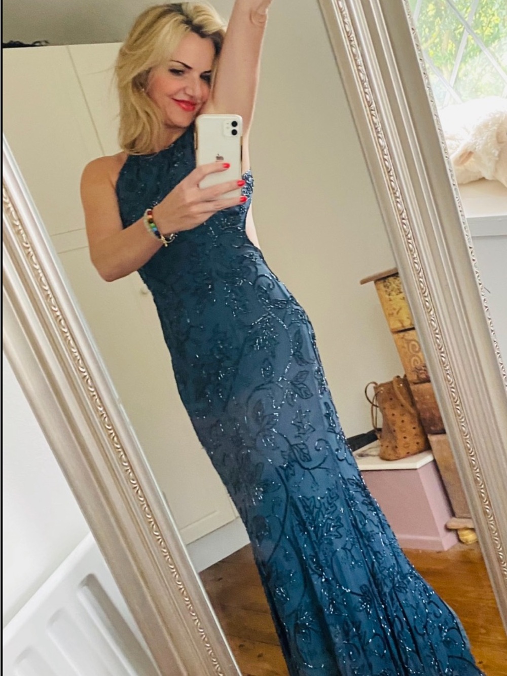 Cache Teal Beaded Maxi Dress